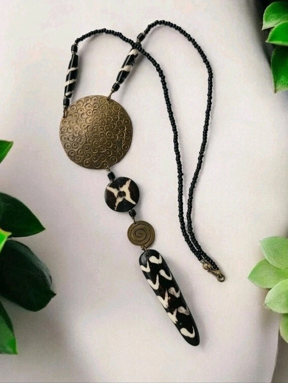 African Ethnic Tribal Statement Necklace Batik Beads Hammered Brass Medallion